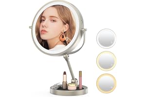TopDirect 9" Large Magnifying Mirror with Light, Height Adjustable Vanity Mirror with Lights, 1X/10X Rechargeable Lighted Makeup Mirror, 3 Colors and 360° Rotation Double Sided Standing Mirror