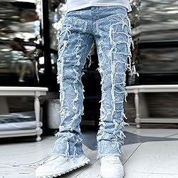 Kodaruber Mens Stacked Jeans Slim Fit Ripped Skinny