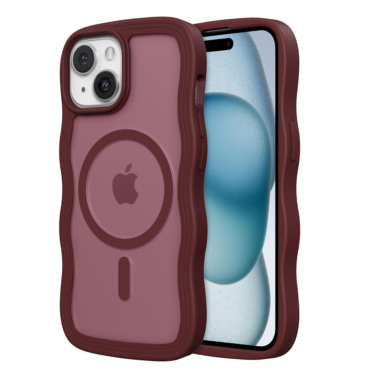 ZTOFERA for iPhone 14 Plus/15 Plus Phone Case Compatible with MagSafe, Curly Wave Frame & Matte Translucent Hard Back, Soft Silicone Bumper Shockproof Protective Magnetic Phone Cover-Wine Red