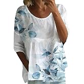 Women's Summer Boho Floral 3/4 Sleeve Tunic Top Flowy Casual Loose Cute Plus Size Pleated Blouse Shirts