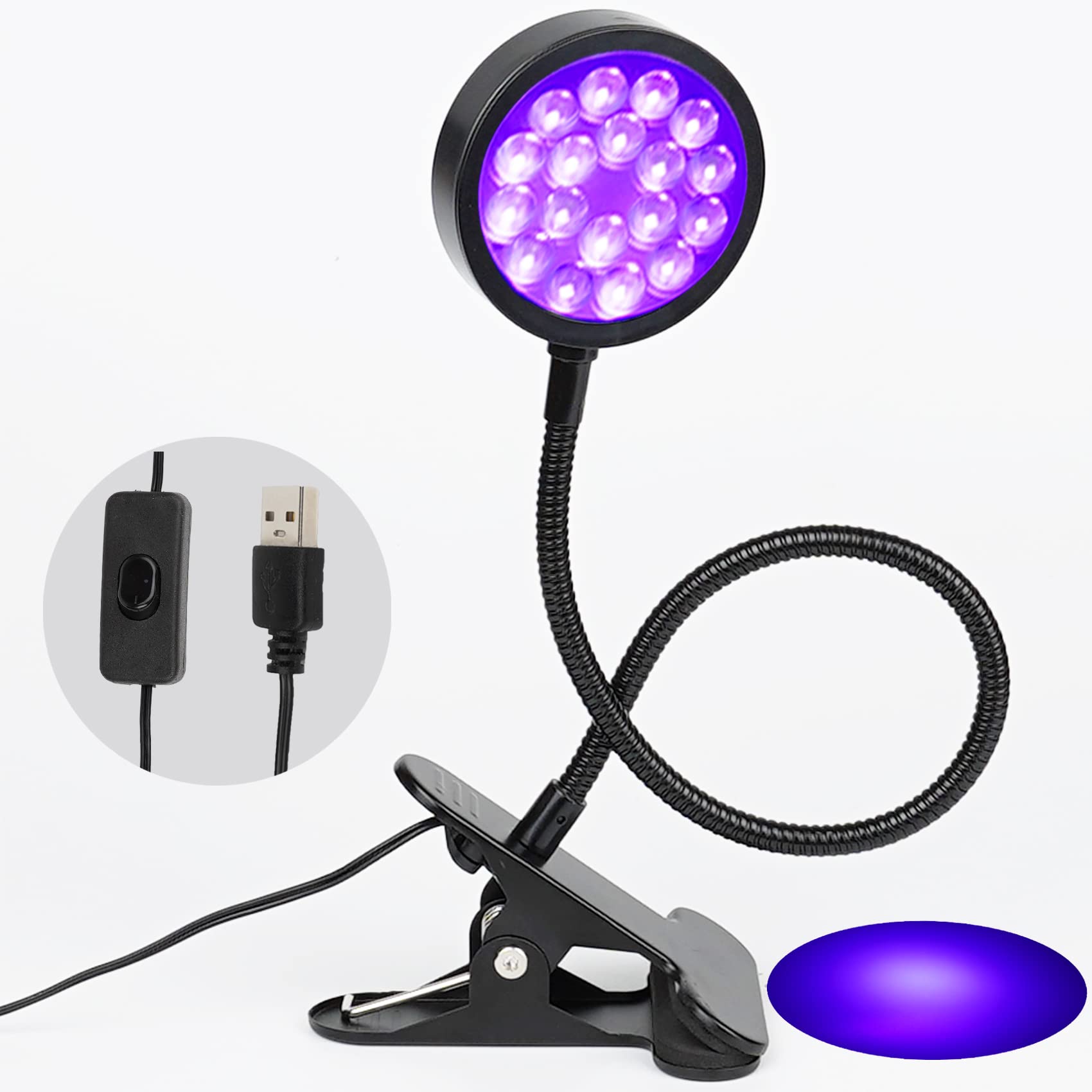 Photo 1 of UV LED Black Light Clamp Light with USB, Upgraded 5W 395nm Portable Gooseneck Lamp with Clip for Gel Nail, Pet Urine Detection, UV Glue Curing, Blacklight Posters, Fluorescent Paint, Resin Art