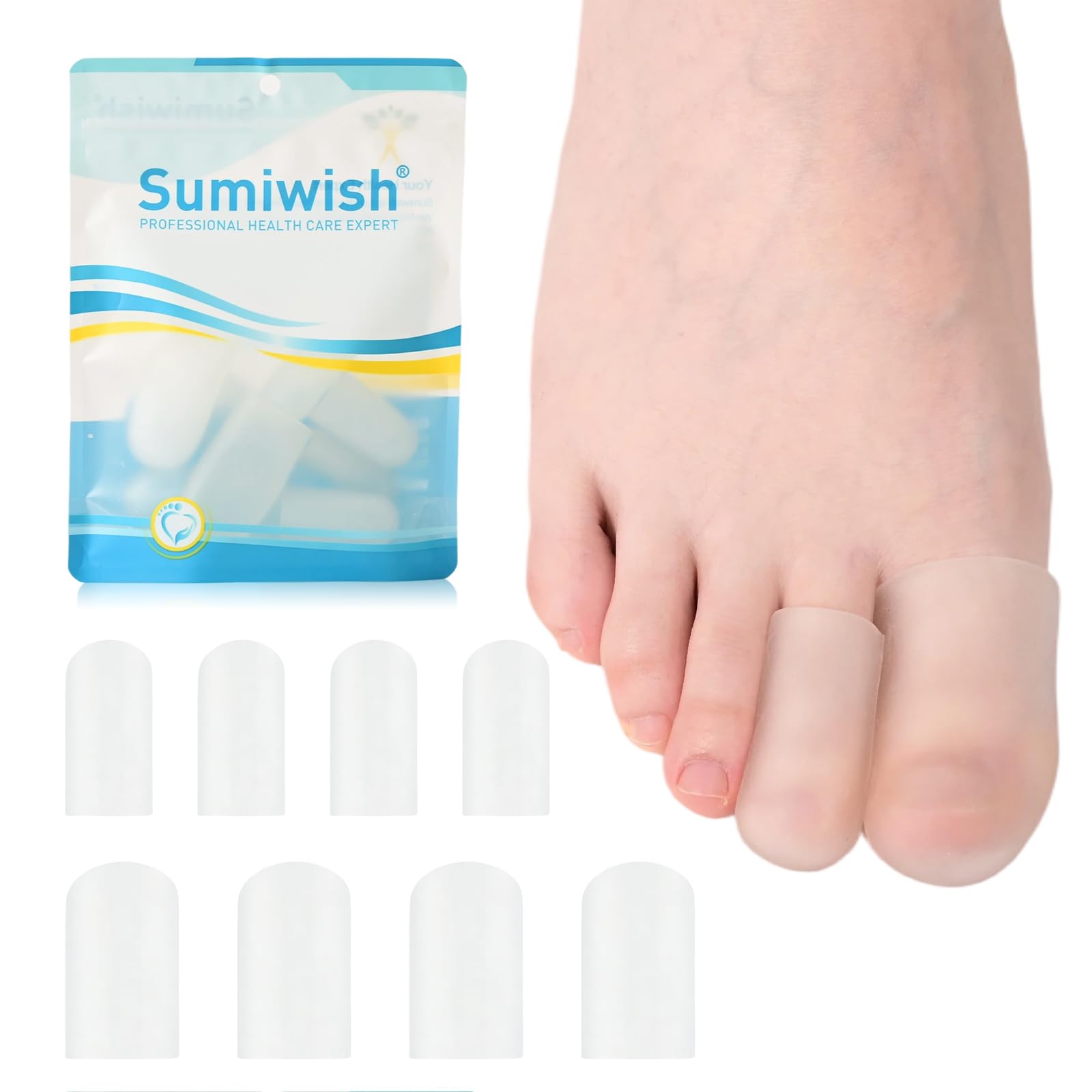 Sumiwish Silicone Toe Protectors - 8 Pack Toe Caps for Big Toe, Toe Covers for Women & Men, Toe Cushions for Pain Relief, Missing or Ingrown Toenails, Corns, Calluses, Blisters, Hammer Toes