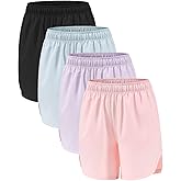 Celfaeree 4 Packs Girls Athletic Shorts with Pockets Running Active Shorts Dry-Fit, Sports Workout Shorts for Kids Teens