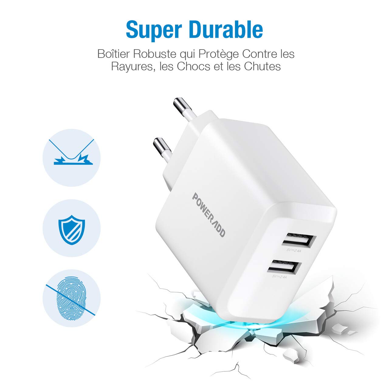 POWERADD Chargeur Secteur USB - 24W Deux Ports 5V/2.4A Anti-Chute Petite Taille Transporter à Facile Compatibilité Universelle pour iphone Huawei Xiaomi Samsung iPad Wiko Nexus etc