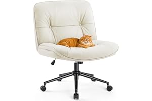 Sweetcrispy Criss Cross Chair with Wheels, Wide Seat PU Leather Armless Office Desk Vanity Chair, Comfortable Adjustable Swivel Computer Task Chairs for Bedroom, Small Space Make Up, Light Beige