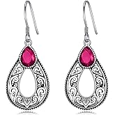 925 Sterling Silver Filigree Style Vintage Retro Tear Drop Dangle Earrings with 12 Months Birthstone Anniversary Jewelry Gifts for Women Mom Wife