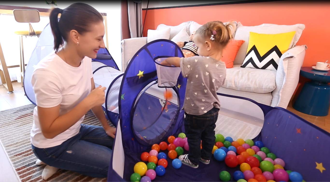 Homfu 3 in 1 Pop up Kids Play Tent with Tunnel Ocean Ball Pit Pool with Basket Hoop for Toddler Boys Girls to Play and Craw Indoor&Outdoor As Birthday Gift