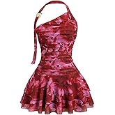 Milumia Women's Floral Mesh Ruched Halter Mini Dress Y2k Ring Linked Ruffle Layered Short Dresses