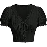 Verdusa Women's Knot Front Lace Trim Puff Sleeve V Neck Crop Tee Shirt Top