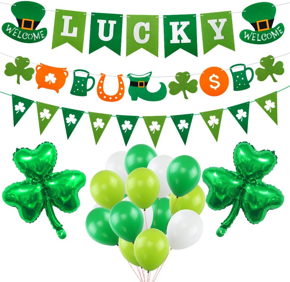 St Patrick's Day Decoration Kit, Lucky Irish Shamrock Banner for St.Patrick's Day with 18 Inch Foil Shamrock Balloons 30 Latex Balloons