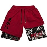 WDIRARA Men's 2 in 1 Shorts Graphic Letter Print Drawstring Workout Running Gym Shorts with Pockets