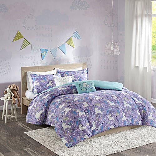 4pc Kids Purple Unicorn Pattern Twin/Twin XL Duvet Cover Set, Novelty Animal Unicorns Theme Bedding, Magical Rainbow Fairy Tail Flowers Floral Patterns Hearts Cute, Cotton