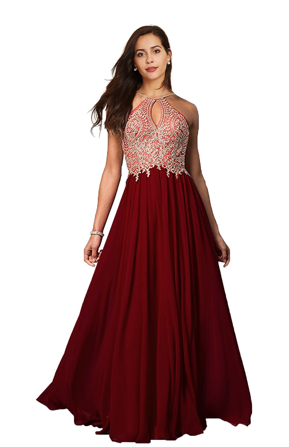 Womens Halter Prom Dress Long 2020 Embroidered Chiffon Bridesmaid