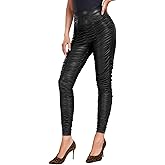 RIOJOY Women's Shinny Sexy Leather Leggings High Waist Butt Lifting Pleather Pants Stretchy Faux Leather Tights