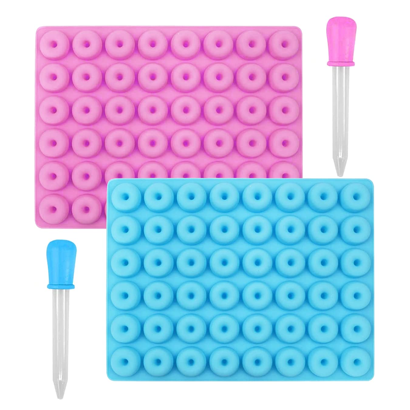 Silicone Candy Molds,2 Pcs Mini Donut Chocolate Moulds Wax Melt Mould for DIY Baking Cake Wax Melts Jelly Gummy Bear Sweets, Bakeware Mold Ice Cube Tray with 2 Droppers,BPA Free