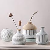LIZOFER Boho Minimalist Small Ceramic Vase Set of 4 for Bedroom Living Room Office Fireplace Centerpiece Antique White Vintage Farmhouse Rustic Retro Flower Vases Home Decor Gift for Fake Plants