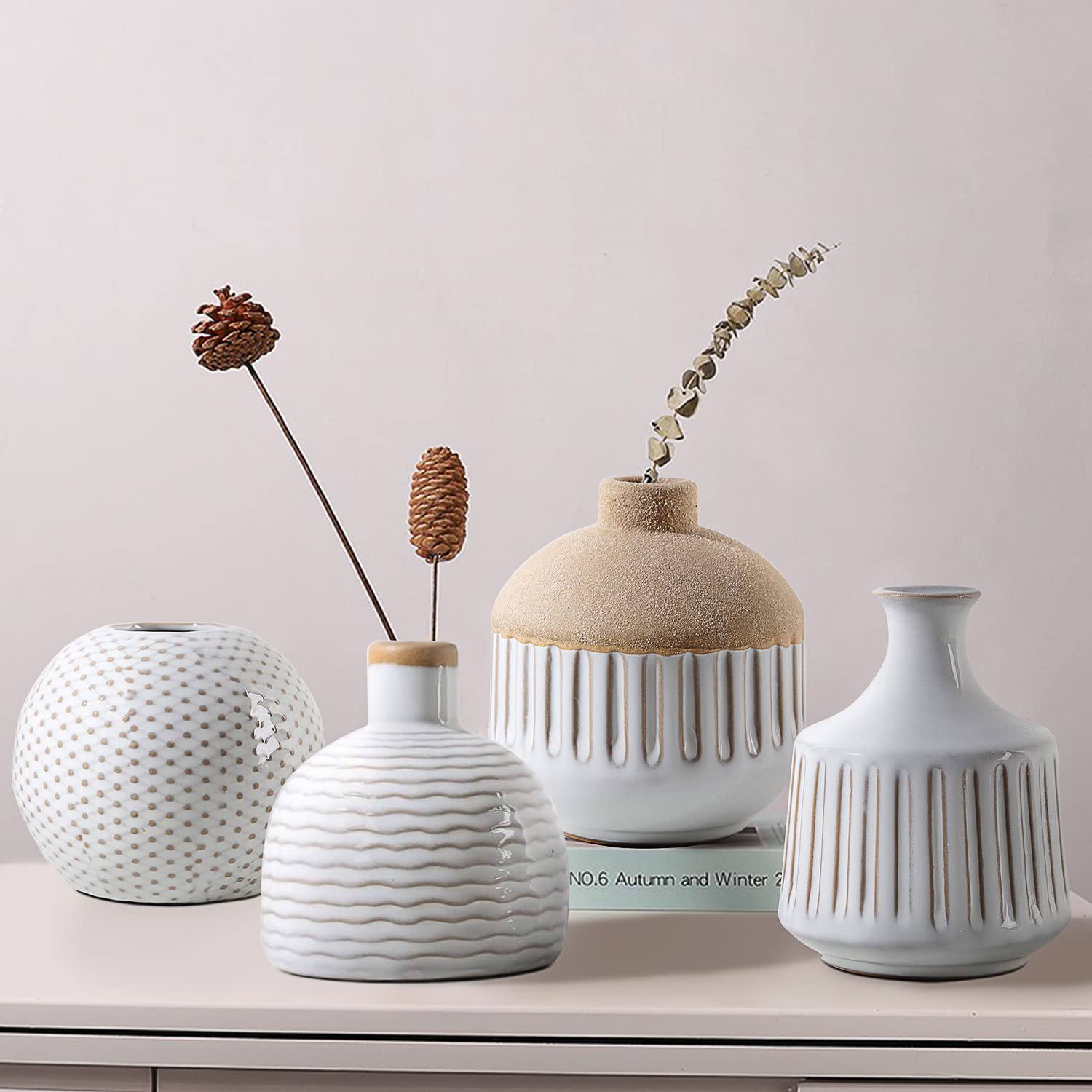 Photo 1 of LIZOFER Boho Minimalist Small Ceramic Vase Set of 4 for Bedroom Living Room Office Fireplace Centerpiece Antique White Vintage Farmhouse Rustic Retro Flower Vases Home Decor Gift for Fake Plants
