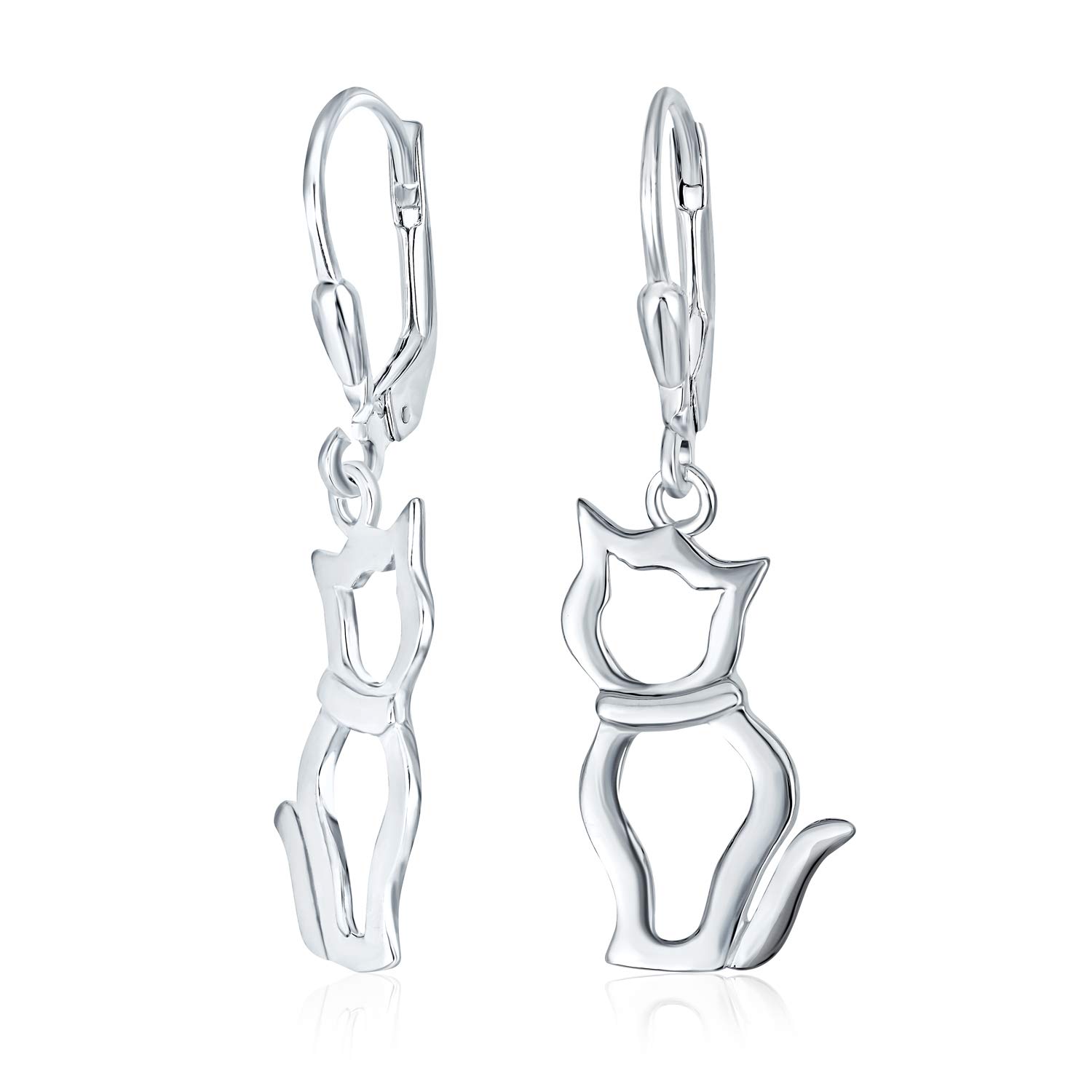 Best Friend Animal Lover BFF Pets Open Kitten Kitty Dangling Cat Earrings For Women Teen .925 Sterling Silver Lever back