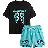 BEAUDRM Men's Plus Size 2 Piece Outfit Tropical Print Crew Neck Short Sleeve T Shirt and Shorts Beach Set