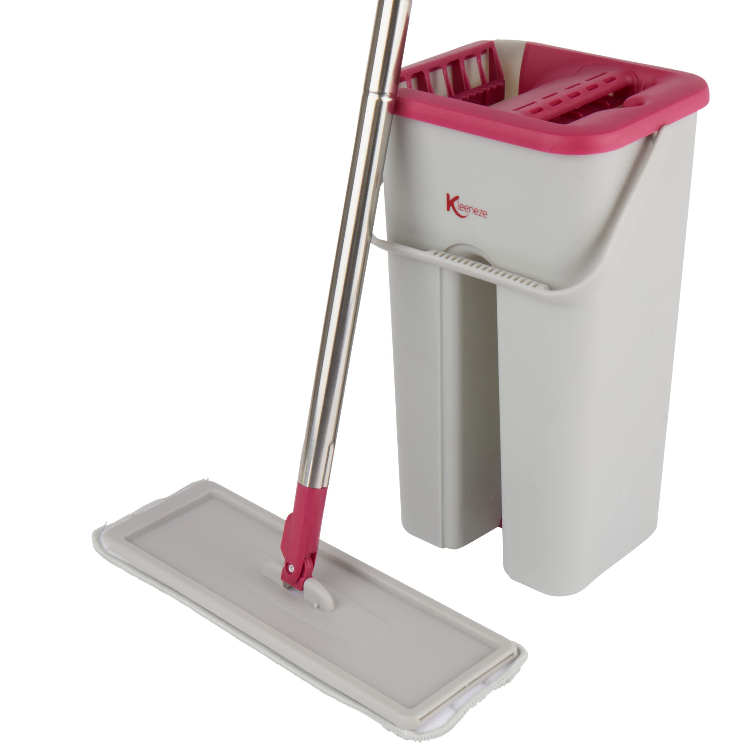 Kleeneze Mop and Bucket Set - Microfibre Flat Head Mop, Bucket with Built-in Wringer & Dirt Removing Scraper, Machine Washable Pad, Compact Space-Saving Cleaning Set, 180° Swivel Head, KL062253EU