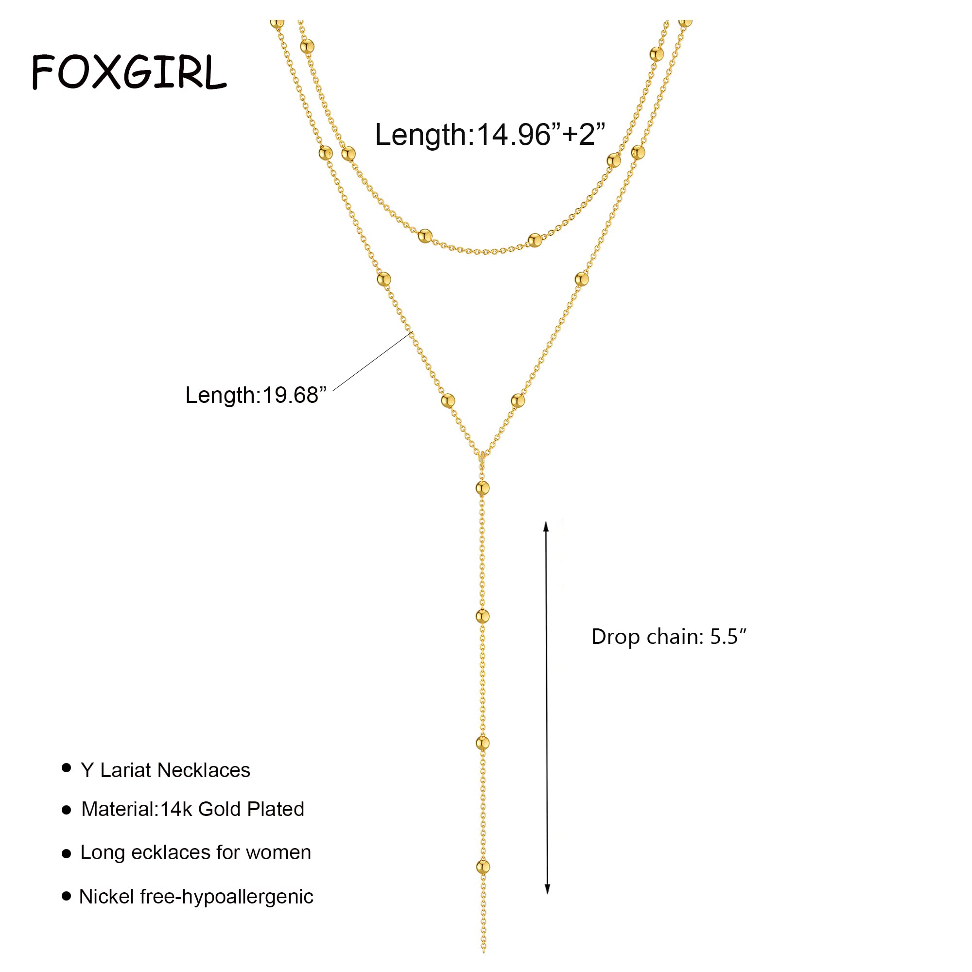 Foxgirl Lariat Gold Necklace for Women, Dainty Long Necklace 14k Gold Plated/Silver Y-Shaped Pendant Necklace Trendy Layered Cz Beaded Chain Drop Necklaces Simple Gold Jewelry For Women Gift