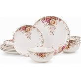 Stoneware Dinnerware Set for 4, 12 Pcs Floral Plates and Bowls, Rose Bloom | 12 Piece Sets for 4, white porcelain, gold trim, microwave safe, chip resistant, for wedding and formal dining