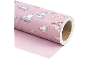 WRAPAHOLIC Reversible Wrapping Paper - Mini Roll - 17 Inch x 33 Feet - Cute Cats Design and Solid Pink Design for Birthday, Holiday, Baby Shower