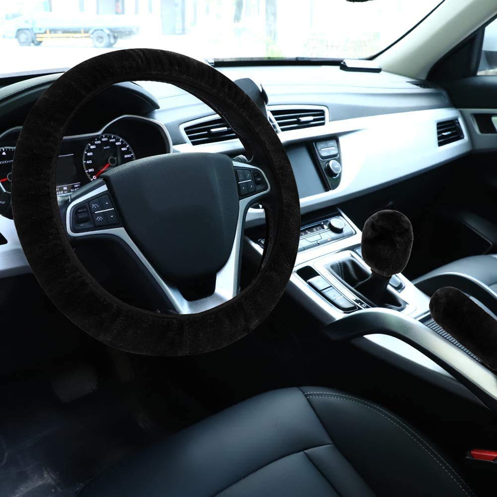 ZYCC Fluffy Steering Wheel Cover Set,3pcs Warm Plush Fuzzy Steering Wheel Cover Handbrake Cover Gear Shift Cover, Uinversal Wool Furry No smell Non-Slip Interior Accessories-14.96"(38cm) (Black)