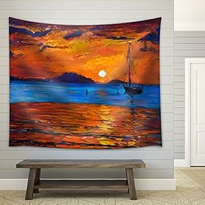 Original Oil Painting of Sail Ship and Sea on Canvas.Modern Impressionism - Fabric Wall Tapestry Home Decor - 51x60 inches