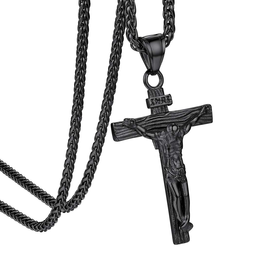 GOLDCHIC JEWELRY INRI Crucifix Necklace for Men Women, Black Jesus Cross Pendant Christian Jewellery