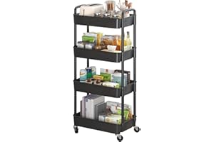 Sywhitta 4-Tier Plastic Rolling Utility Cart with Handle, Multi-Functional Storage Trolley for Office, Living Room, Kitchen, 