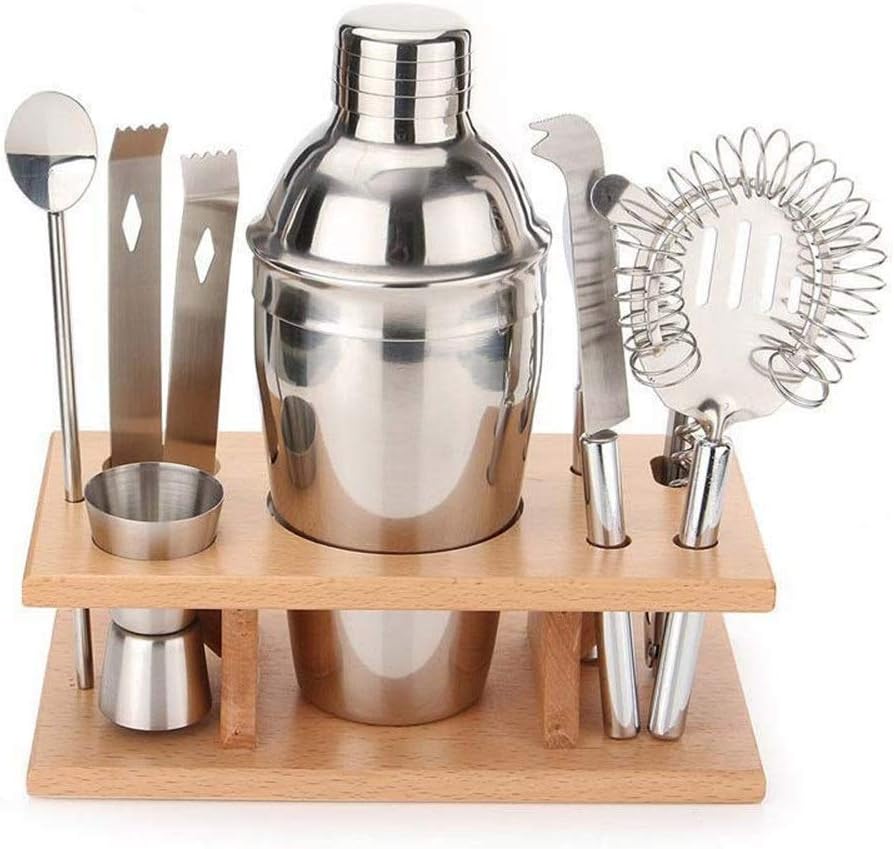KANGJIABAOBAO Cocktail Shaker 9-Piece Bar Set Cocktail Shaker Set With Bamboo Stand Home Bartending Kit With Bar Tools For Foolproof Drink Mixing 750ML Bar Cocktail Shaker Set