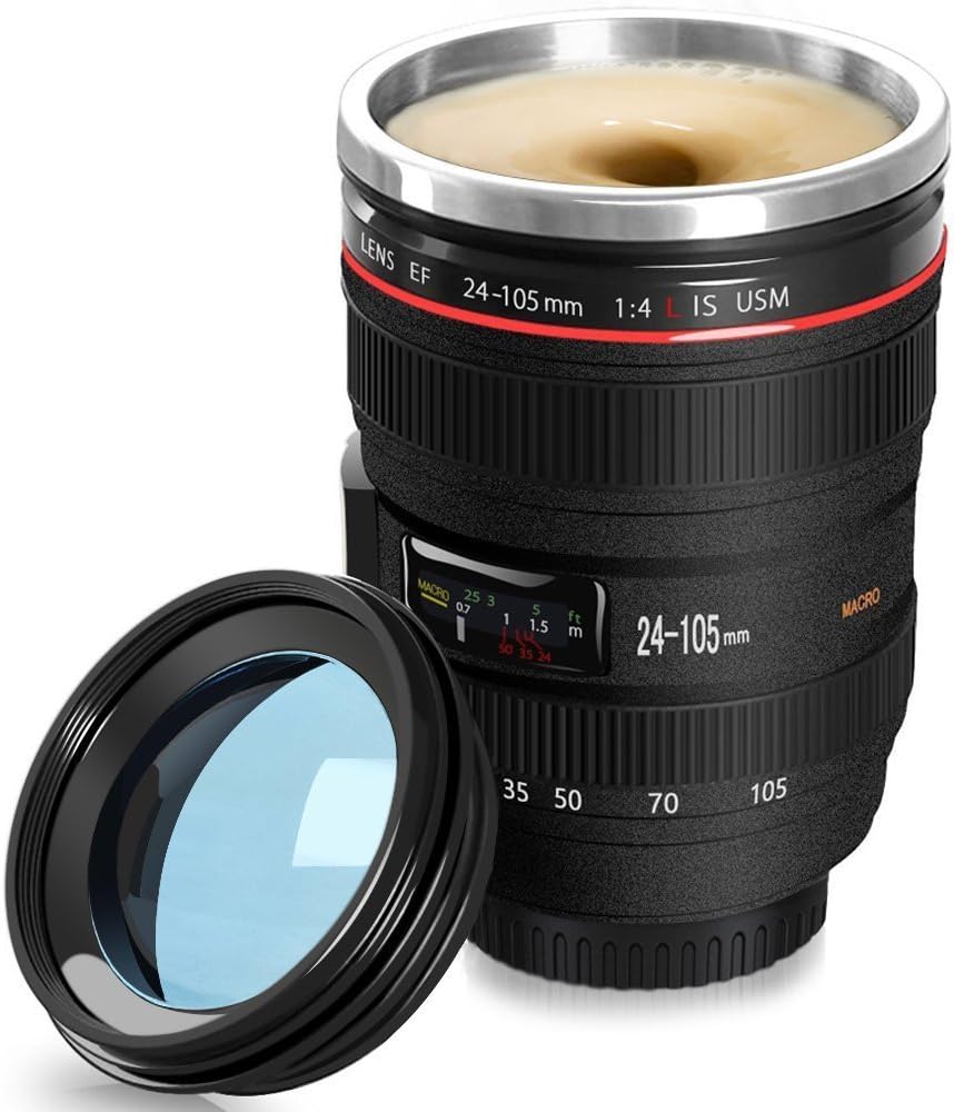 Camera Lens 24-105mm Self-Stirring Coffee Tea Travel Thermos Stainless Automatic mixing Cup