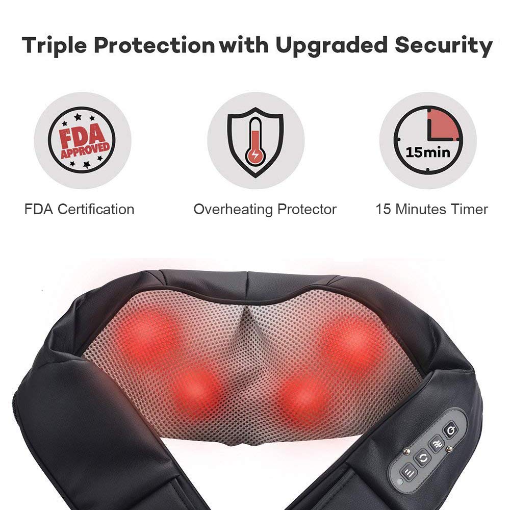 Neck Massager Cordless with Heat, Rechargeable 2600mAh Battery, Sable Shiatsu Tissue Kneading Massage for Shoulder, Foot and Back, FDA Approved for Car Home Office Travel Use