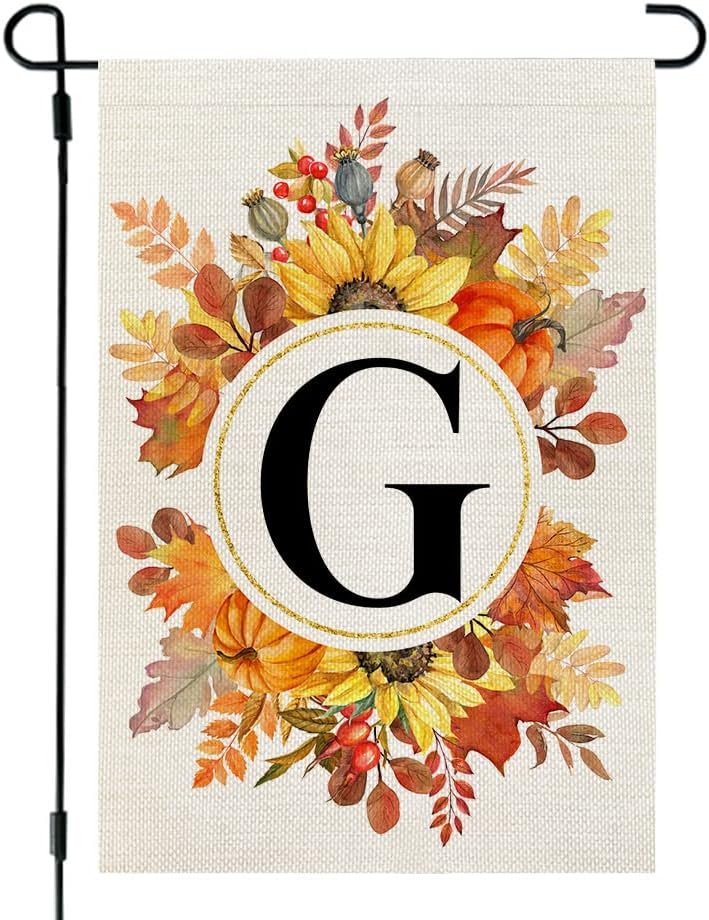 Flags - CROWNED BEAUTY Fall Monogram Letter G Garden Flag Sunflower Pumpkin Leaves 12x18 Inch Double Sided Outside Small Burlap Family Last Name Initial Yard Decoration CF986-12
