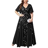 ZOMVA Plus Size 0X-4X Sequin Embroidery Formal Long Dress Glitter V-Neck A Line Prom Dress Wedding Evening Gown