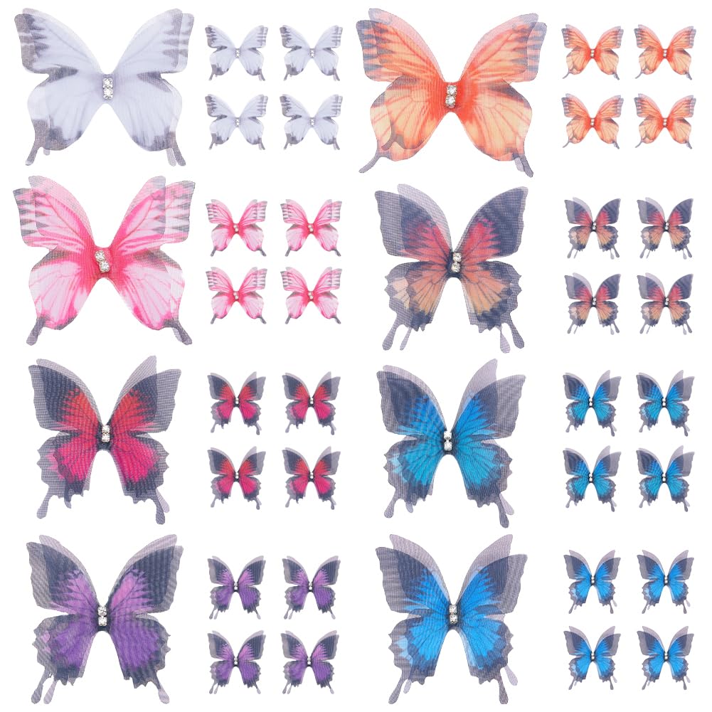 SUNNYCLUE 1 Box 80Pcs Butterfly Charms Colorful Wing Charms Butterflies Charms 3D Wall Butterfly Organza Butterfly Ornaments 2-Layer Fabric Butterfly Charm Butterfly Wings for Craft Wedding Decor
