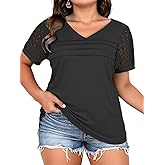 DOLNINE Womens-Plus-Size-Tops Fashion Lace Short Sleeve Shirts Casual V Neck Tees Going Out Pleated Tunics Blouses XL-5XL