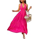 SOLY HUX Women's Summer Maxi Dress Halter V Neck Tie Backless Sleeveless Ruffle Flowy Long Dresses