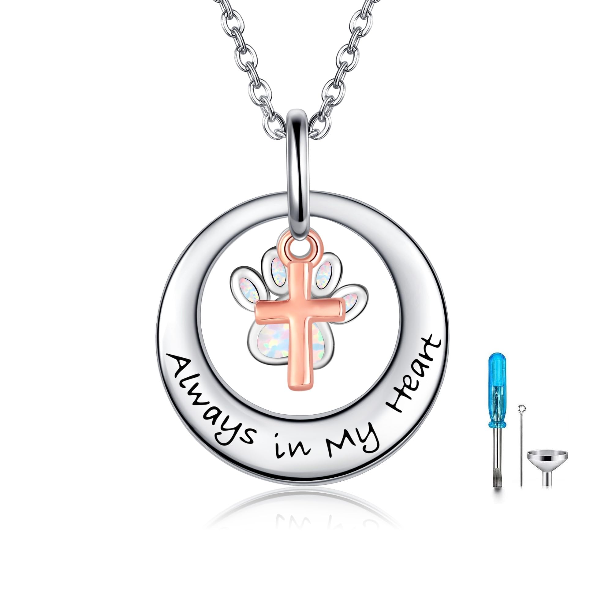 DAYLINLOVE Paw Print Urn Necklace for Ashes 925 Sterling Silver Circle of Life Cremation Necklace for Pet Ashes Cross Memorial Ash Holder Jewelry Keepsake for Dog Cat Animal lovers