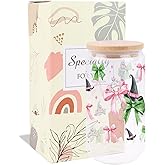 AFRITEE Funny Gifts Set for Women - Pink Green Bow Witch Cute Glass Cups with Lids and Straws, Witch Stuff Wicked Stuff Party Gifts for Girls Office Decoration Desk Accessories