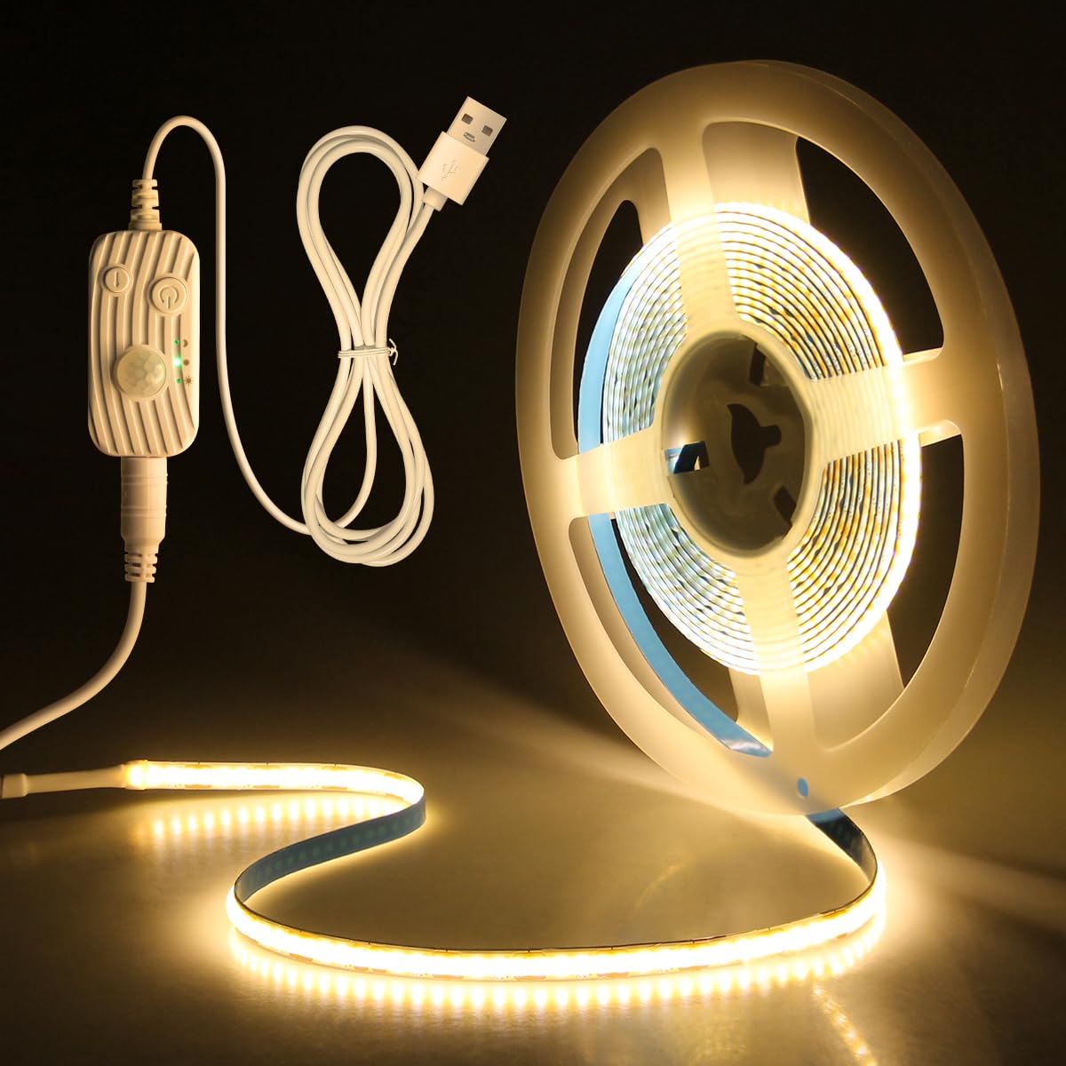 Aclorol 5V USB COB LED Strip with Motion Sensor 2M 640Leds Dimmable Movement Activated Auto ON/Off Under Bed Lights Warm White COB Flexible Lights for Stairs Under Bed Cabinet TV Monitor CRI>85 3000K