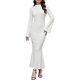 Casuallined Women Long Sleeve Maxi Dress Flare Sleeve Ribbed Knit Bodycon Dress Crew Neck 2026 Elegant Slim Fit Outfit