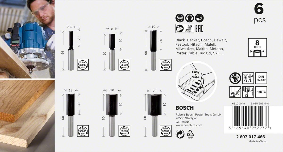 Bosch Professional 6 pcs. Straight Router Bit Set (for Wood diameter 8 mm Shank, Accessory Router), Black silver - Image 3