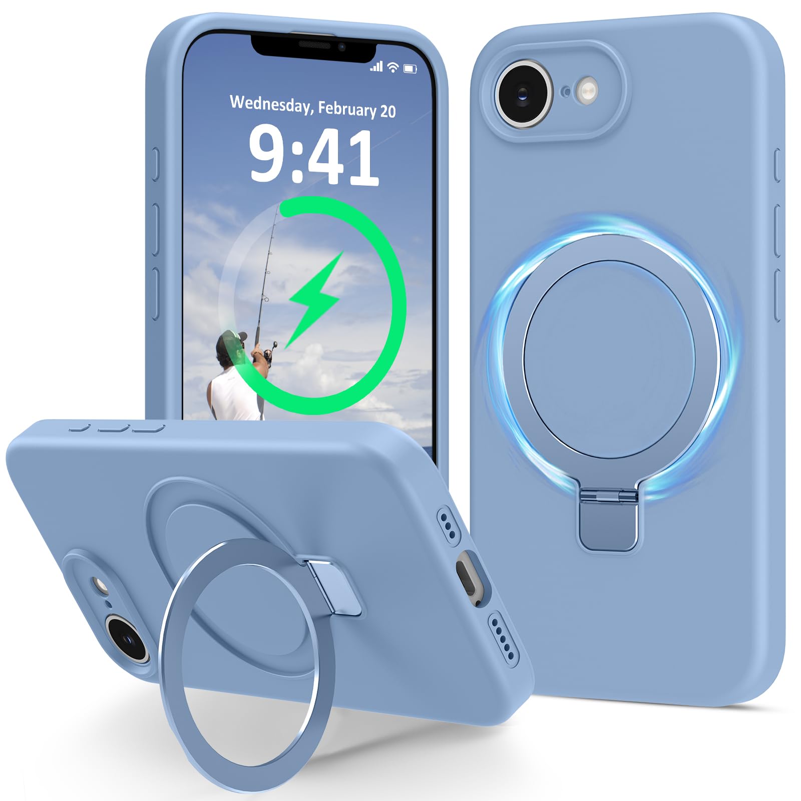 Photo 1 of Vanxiliiy Compatible with iPhone 16e Case Stand, Slim Soft Liquid Silicone Phone Cases Fit for iPhone 16e Compatible with MagSafe Magnetic Ring Kickstand Stand Case Full Camera Protection, Light Blue