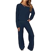 MEROKEETY Women's Fall Pajama Set Fuzzy Fleece 2 Piece Loungewear Off Shoulder Sweater Tops Wide Leg Pants Matching Outfits