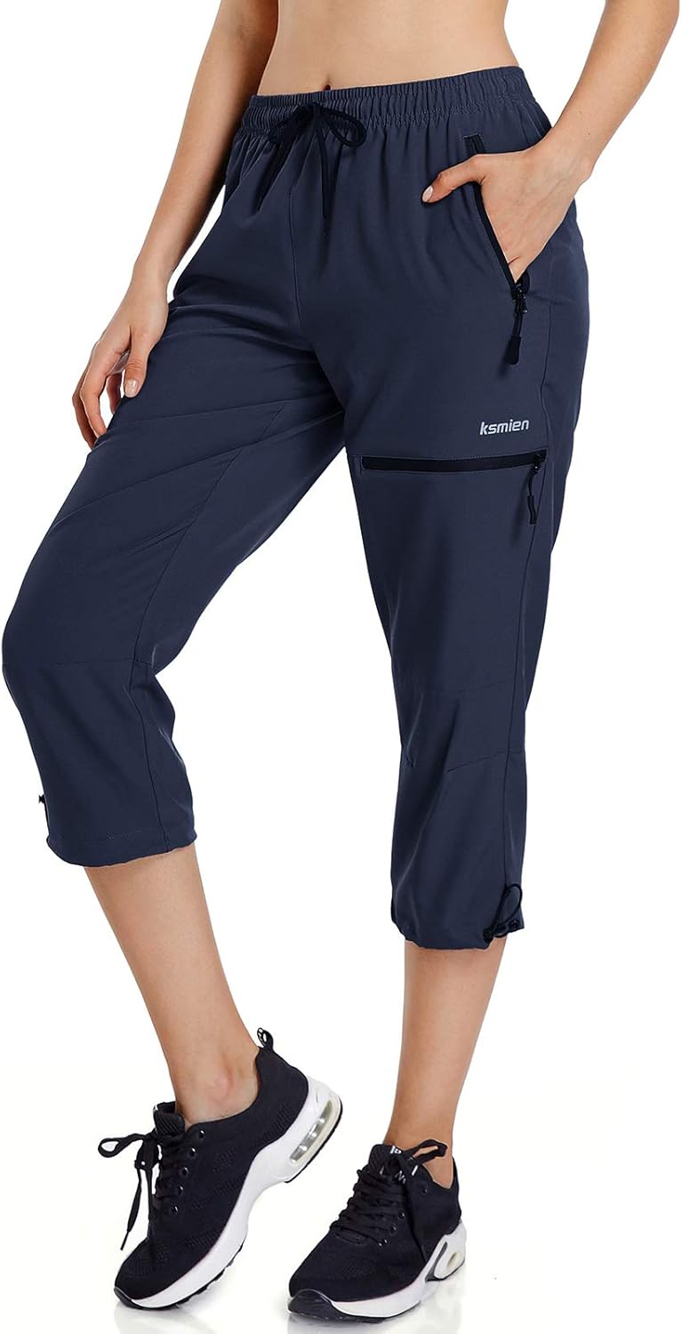 Ksmien Women's Lightweight Hiking Capri Pants Quick Dry Workout Cargo Capris Water Resistant UPF 50+ Zipped Pockets: Clothing