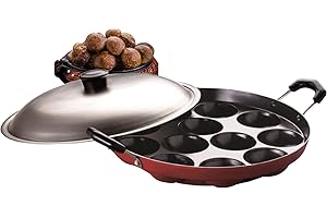 BAHURANI 12 Cavity Non-Stick Aluminium Appam Patra,paniyarakal with 2 Side Handle and Stainless Steel lid, Color Red