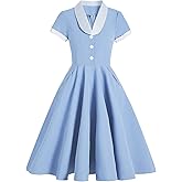 Women 50s 60s Vintage Short Sleeve V-Neck Cocktail Swing Dress Notch Lapel Collar 1950s Rockabilly Prom Dress Buttons Tea Party A line Dance Gown Elegant Midi Evening Dress with Pockets Light Blue S