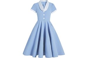 IWEMEK Women Notch Lapel Vintage V-Neck Cocktail Swing Dress 50s 60s Button up 1950s Rockabilly Prom Midi Evening Dress with Pockets